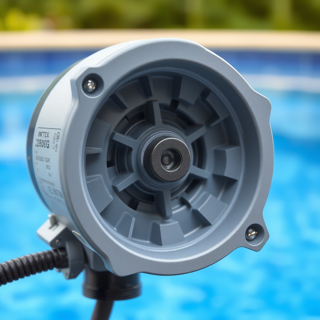 A close-up photorealistic photo of an Intex 28620EG pump motor casing