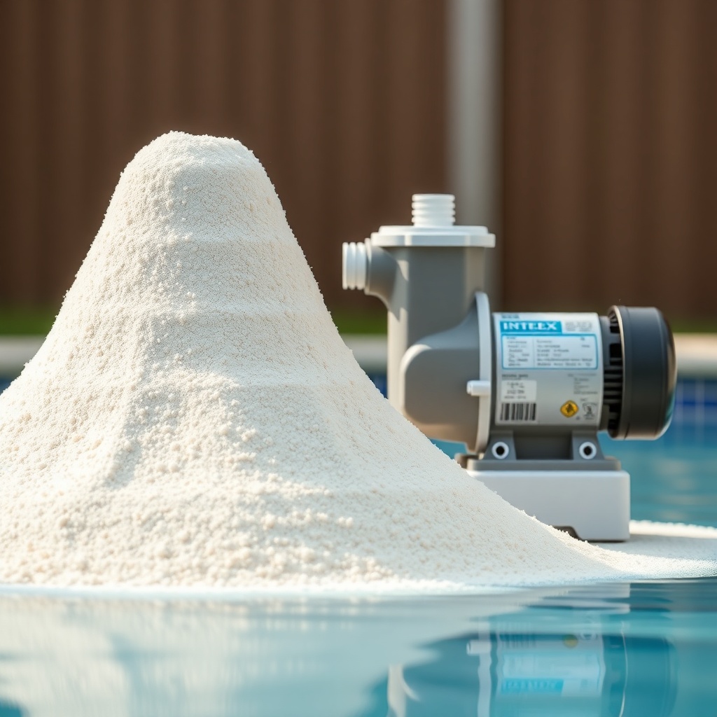 A photorealistic photo of a pile of silis kumu (silica sand) filter media next to an Intex