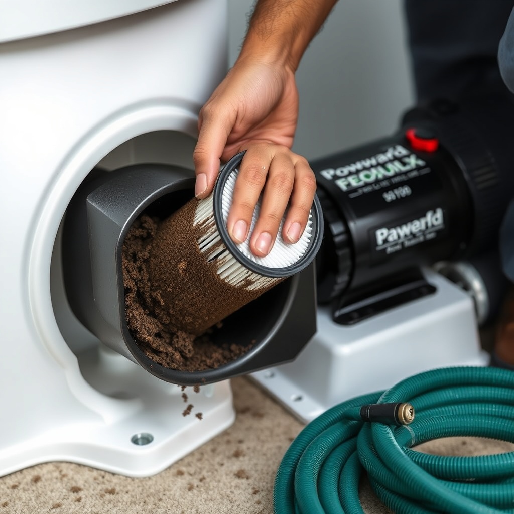 A clean photorealistic photo of a technician removing a dirty cartridge filter from a Hayw