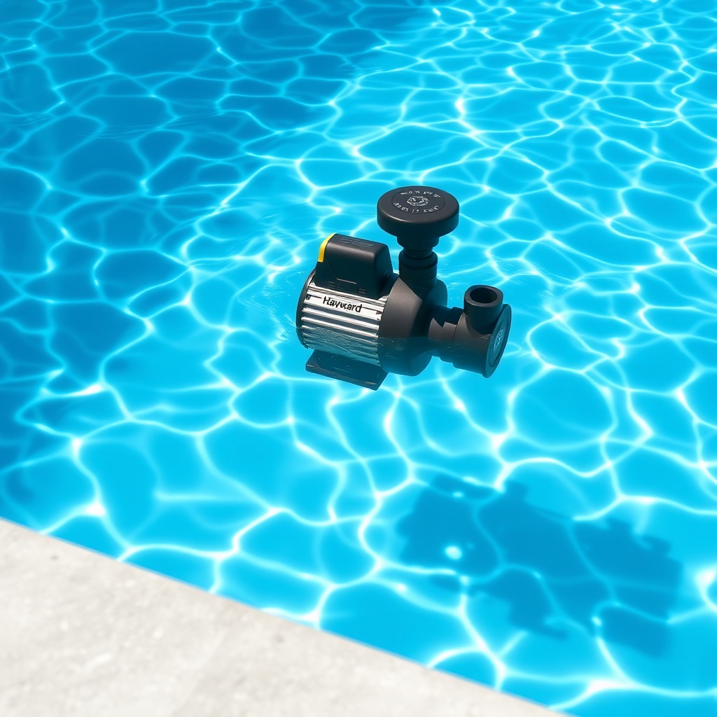 photorealistic photo of a sparkling pool with a Hayward PowerFlo LX pump in the background