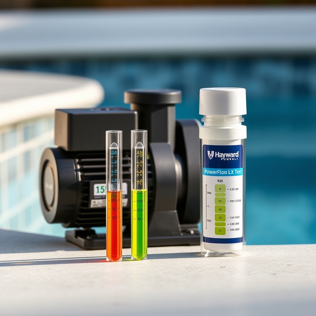 photorealistic photo of a pool chemistry test kit and a Hayward PowerFlo LX pump nearby