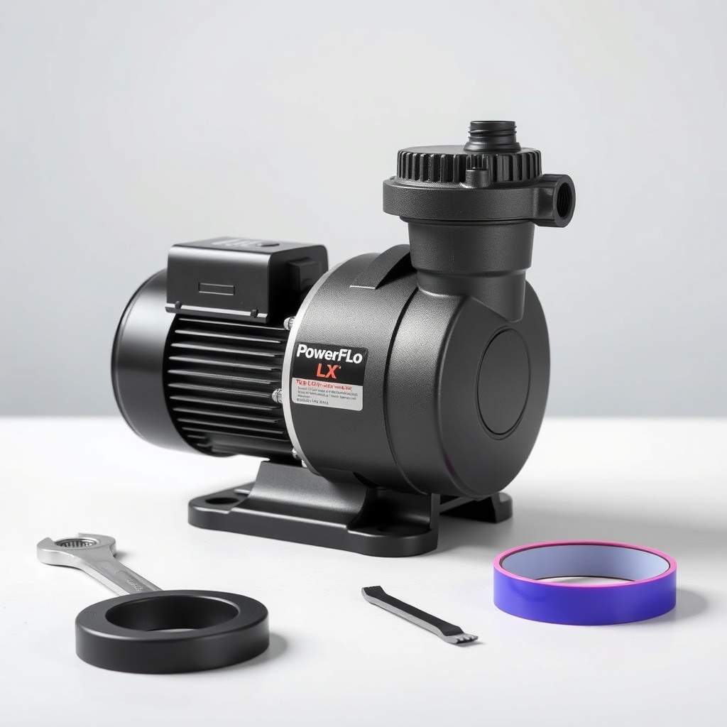 A clean photorealistic photo showing a Hayward PowerFlo LX pump placed on a flat surface