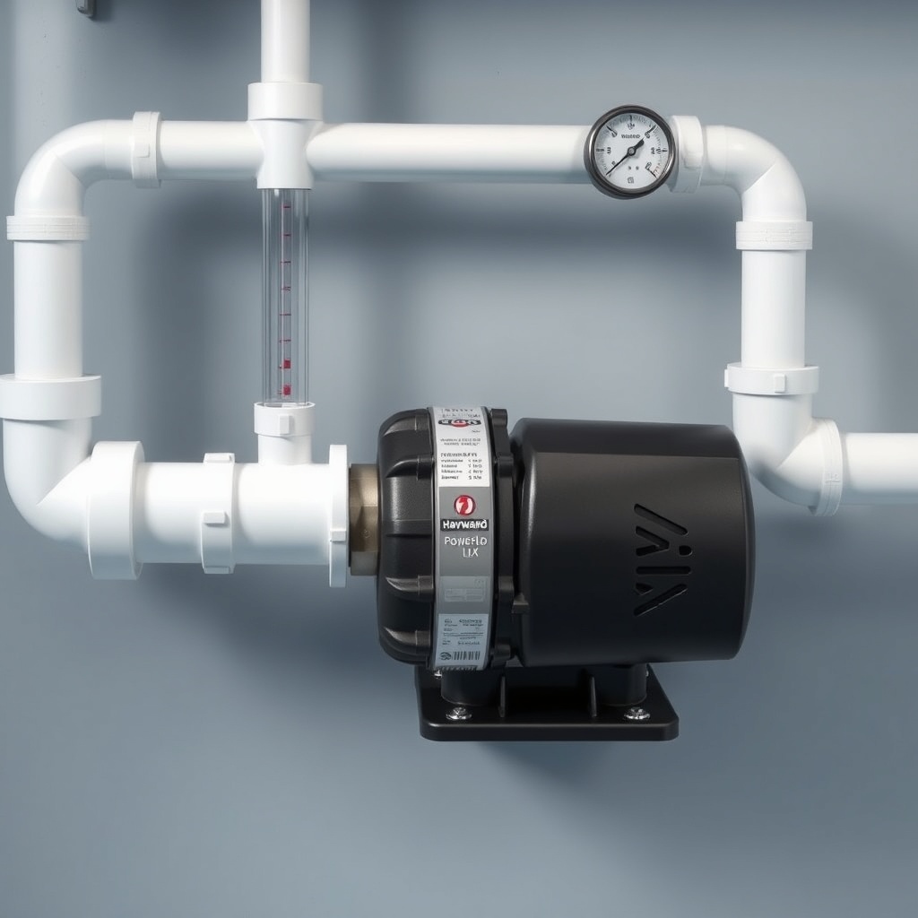 A clean photorealistic photo showing a properly installed Hayward PowerFlo LX pump connect