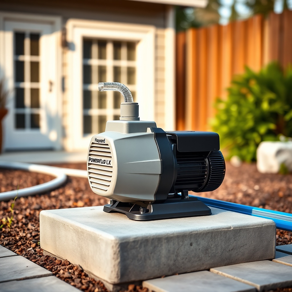 A clean photorealistic photo of the Hayward PowerFlo LX pump in a residential backyard