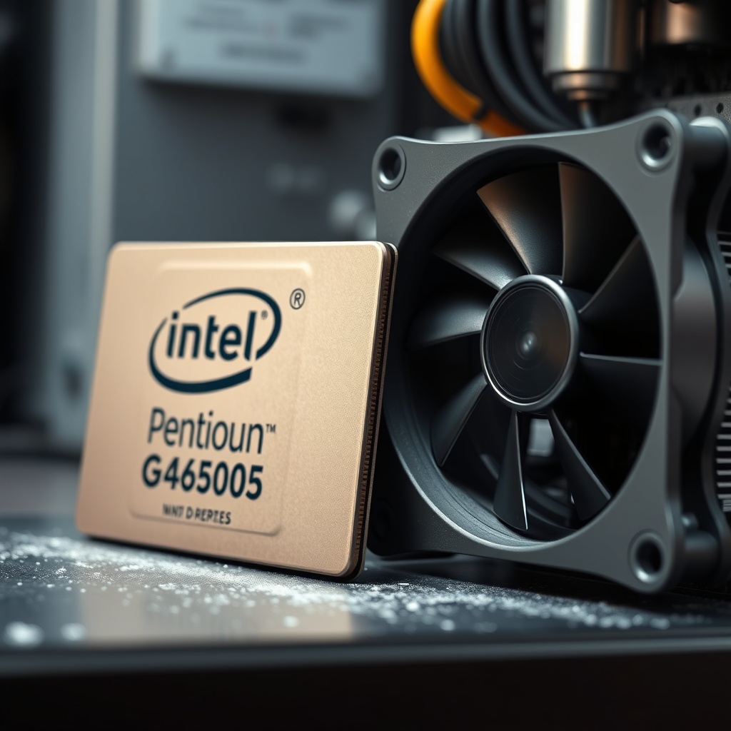 A close-up of a computer fan next to an Intel Pentium Gold G6405 processor on a workbench
