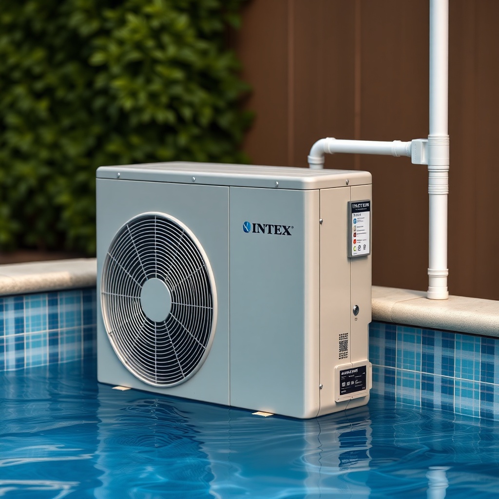 <clean photorealistic photo of Intex 28620EG heat pump unit connected to a pool