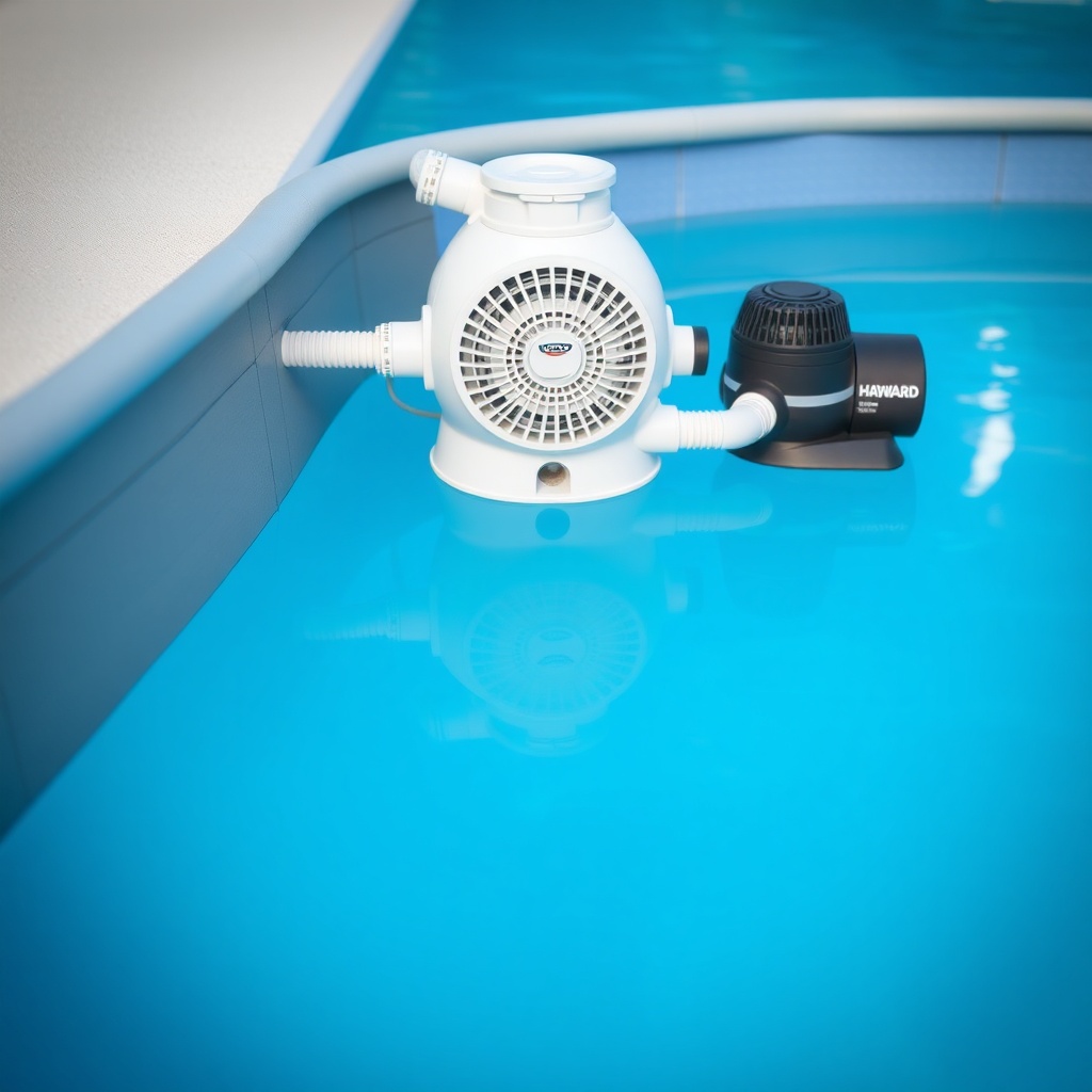 <clean photorealistic photo of a pool with Intex 28620EG and Hayward PowerFlo LX side by s